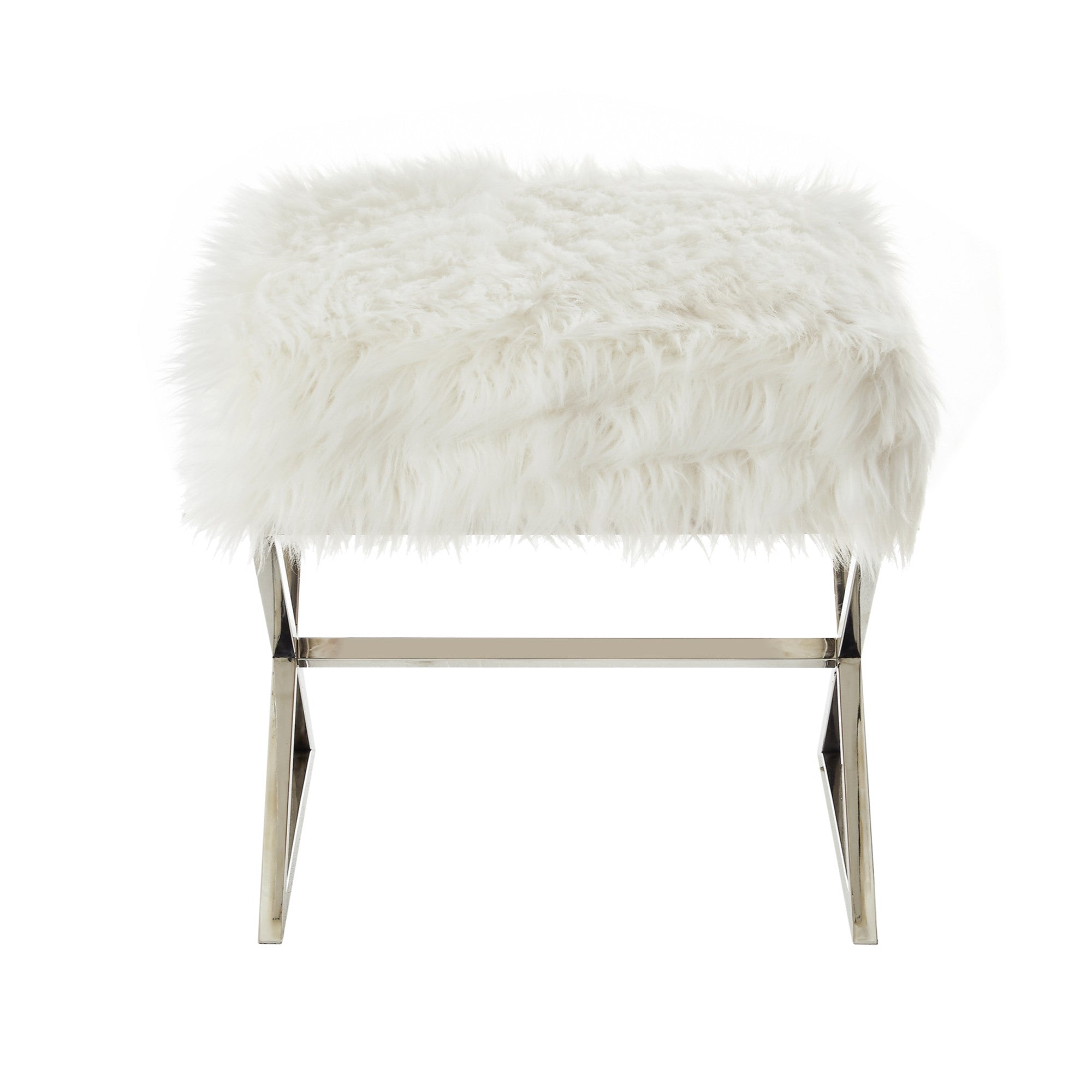 18" White Faux Fur With Silver Ottoman