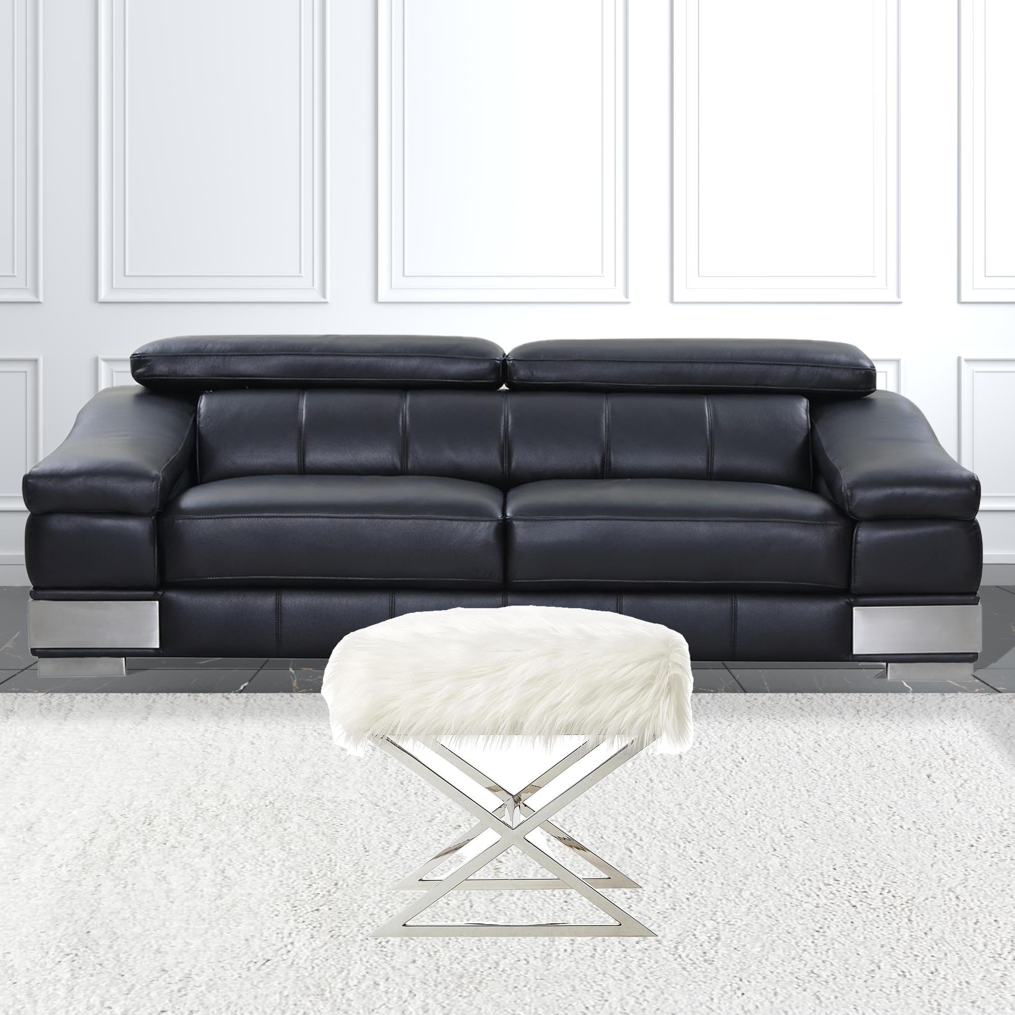 18" White Faux Fur With Silver Ottoman