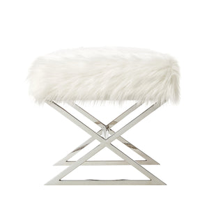 18" White Faux Fur With Silver Ottoman