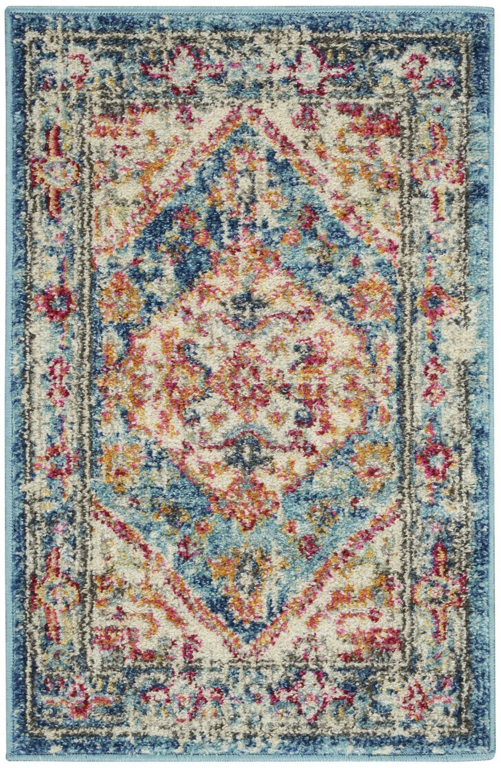 Ivory and Light Blue Distressed Scatter Rug - 2’ x 3’