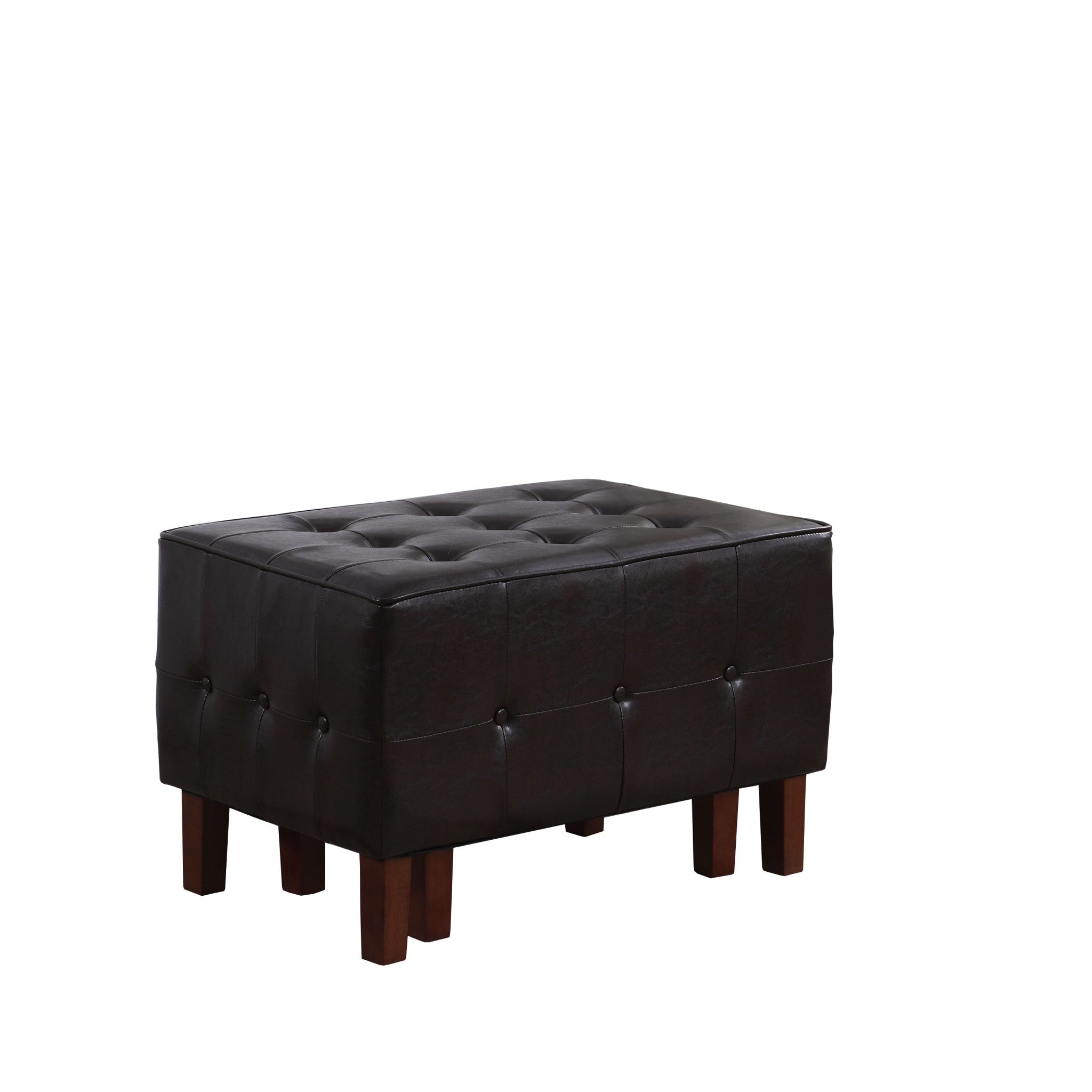 20" Black Faux Leather And Dark Brown Tufted Cocktail Ottoman