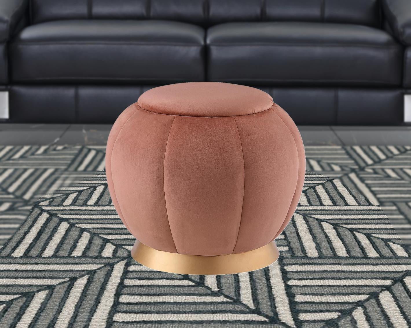 20" Blush Velvet And Gold Round Bloom Ottoman