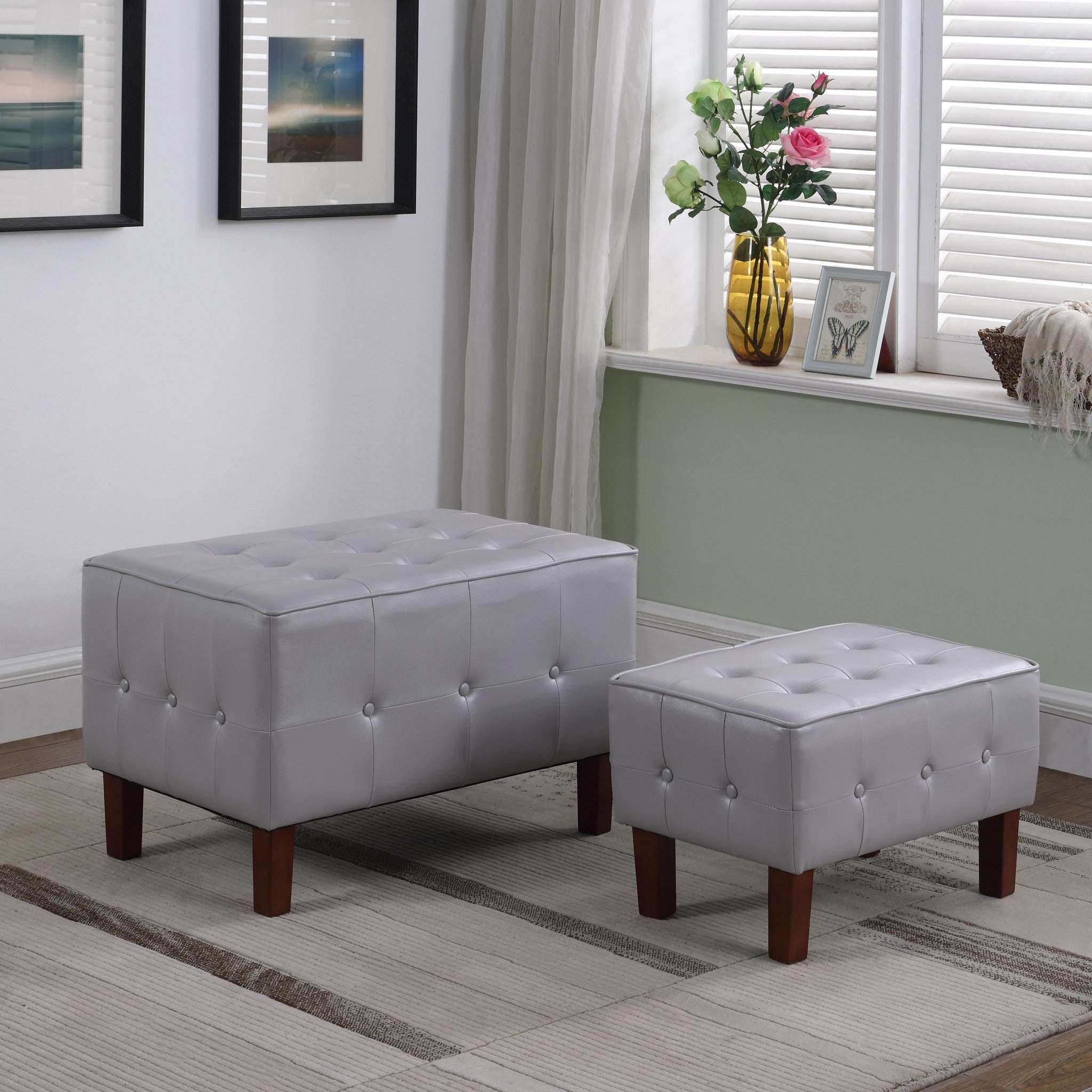 20" Gray Faux Leather And Dark Brown Tufted Cocktail Ottoman