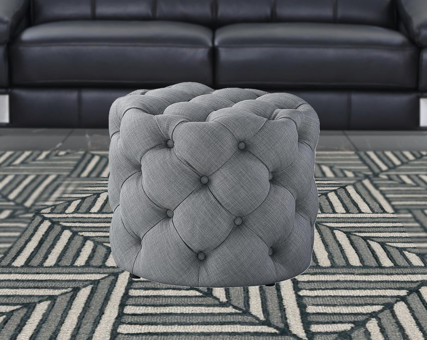 21" Light Gray Linen Tufted Round Ottoman