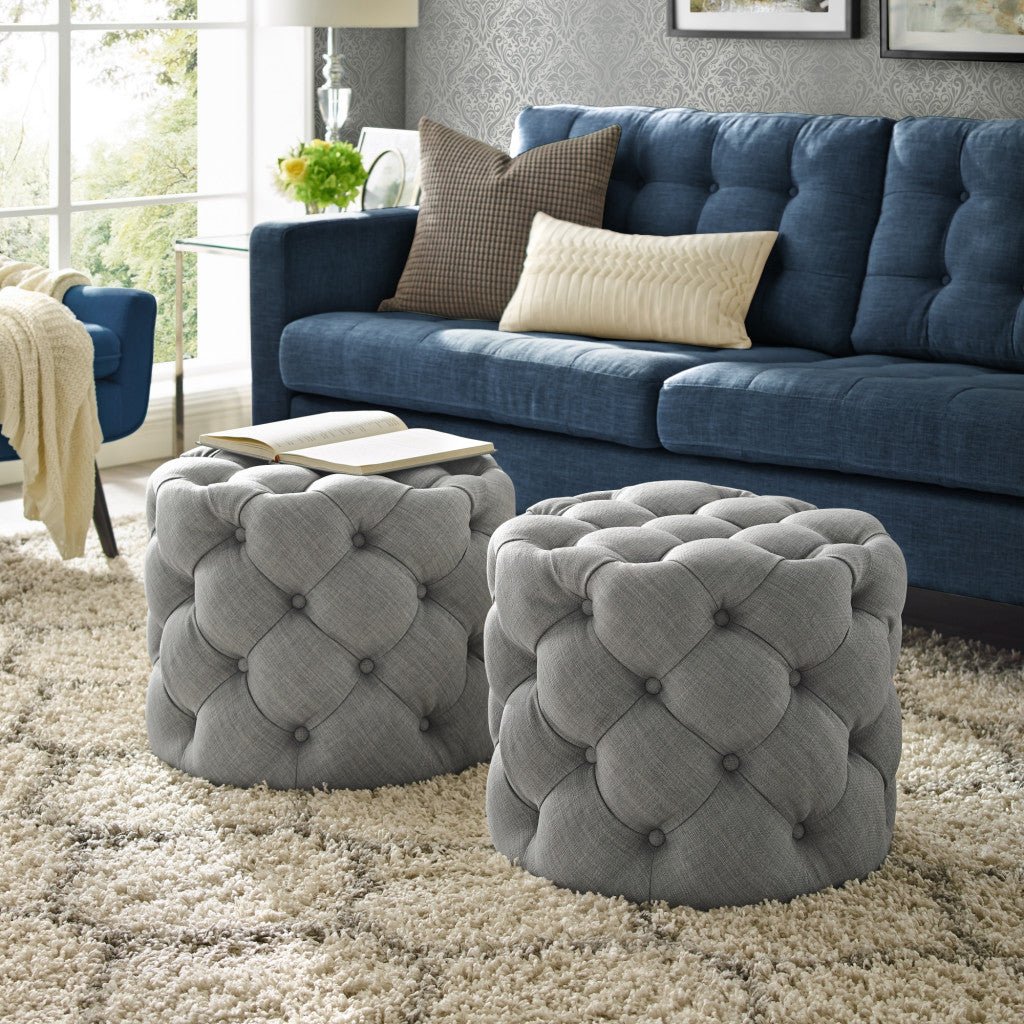 21" Light Gray Linen Tufted Round Ottoman