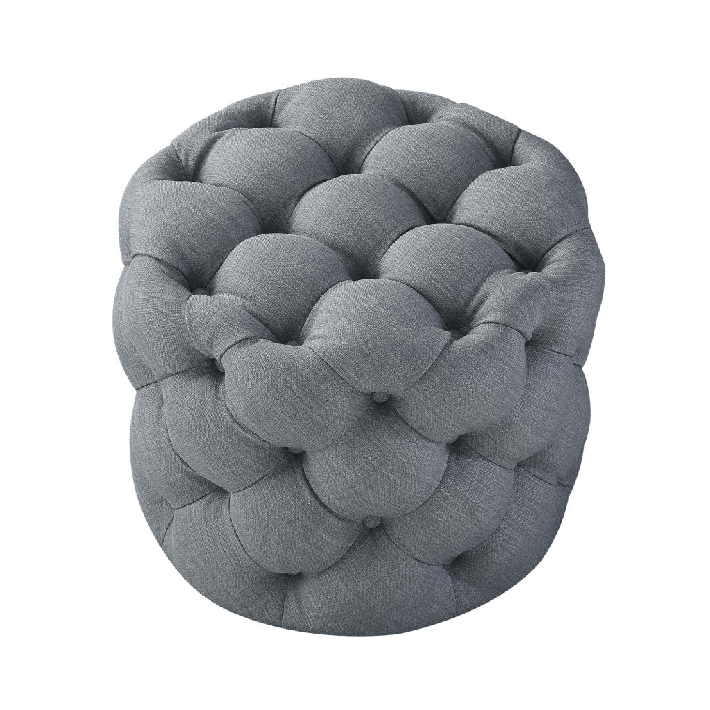 21" Light Gray Linen Tufted Round Ottoman