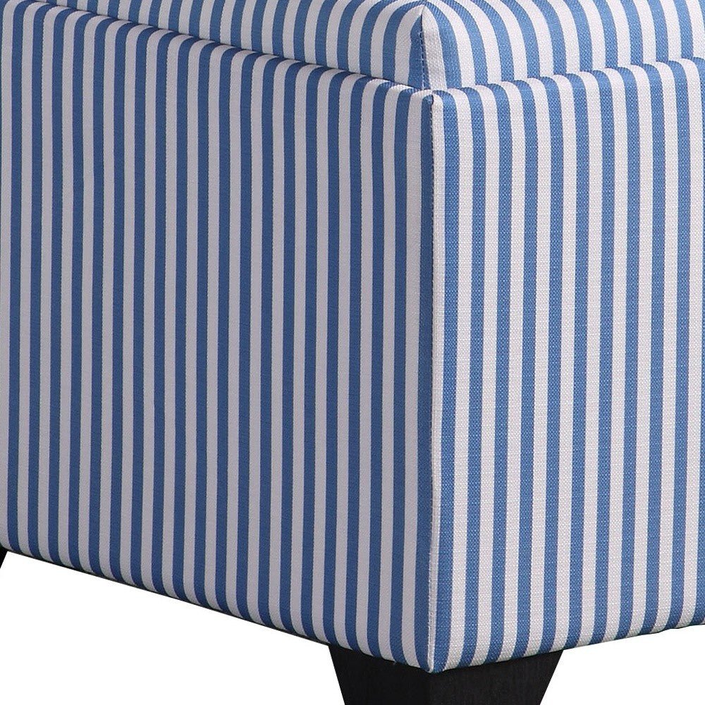 22" Blue And White Faux Leather And Black Tufted Striped Storage Ottoman