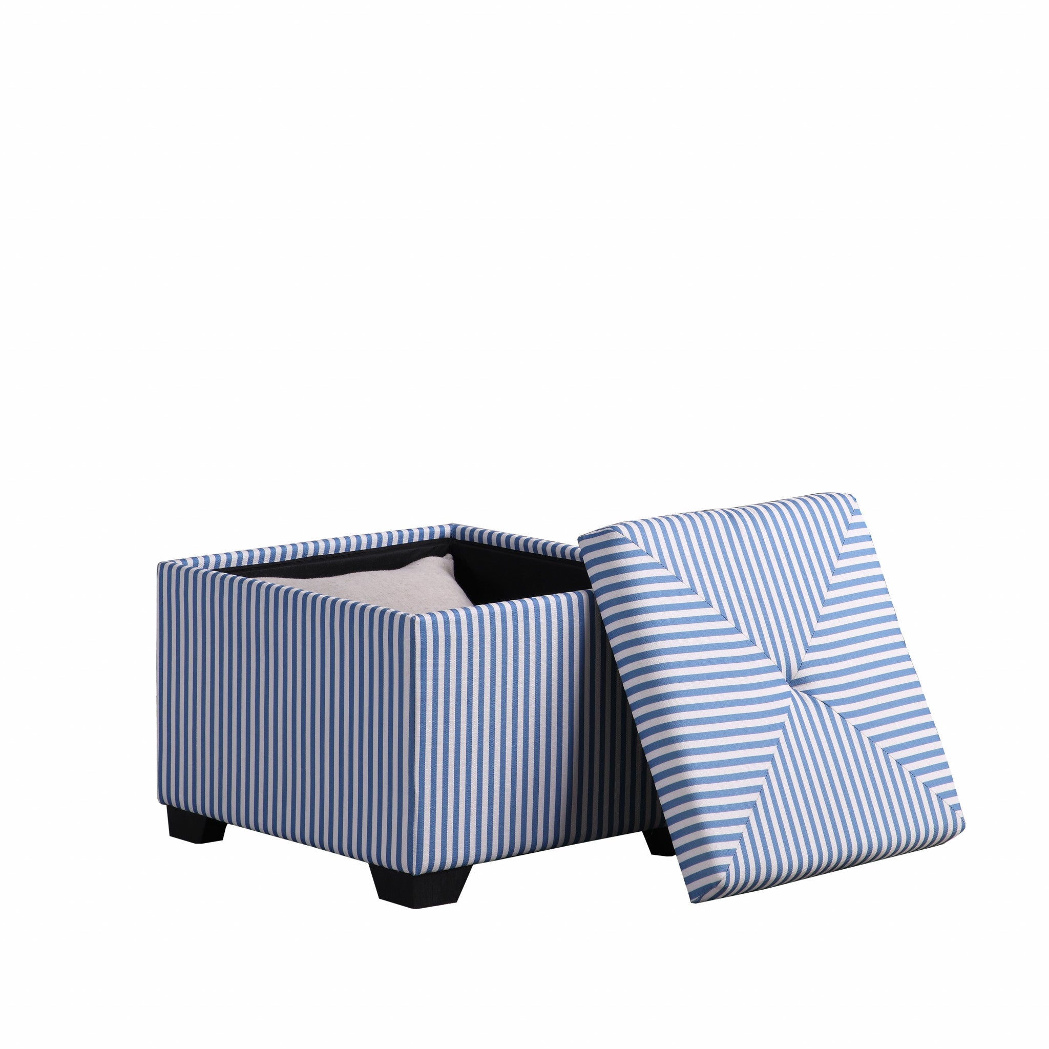 22" Blue And White Faux Leather And Black Tufted Striped Storage Ottoman