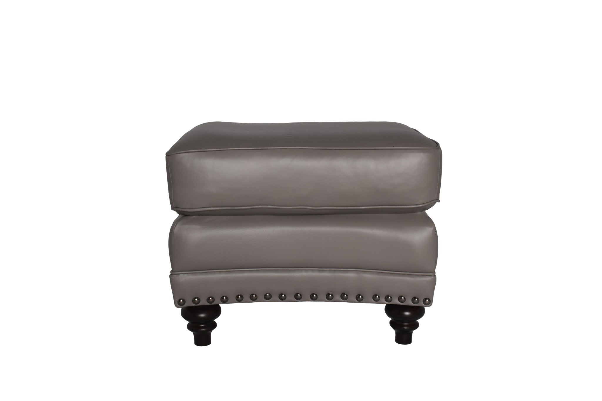 22" Grey Genuine Leather And Walnut Ottoman