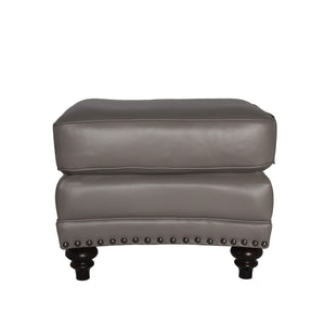 22" Grey Genuine Leather And Walnut Ottoman