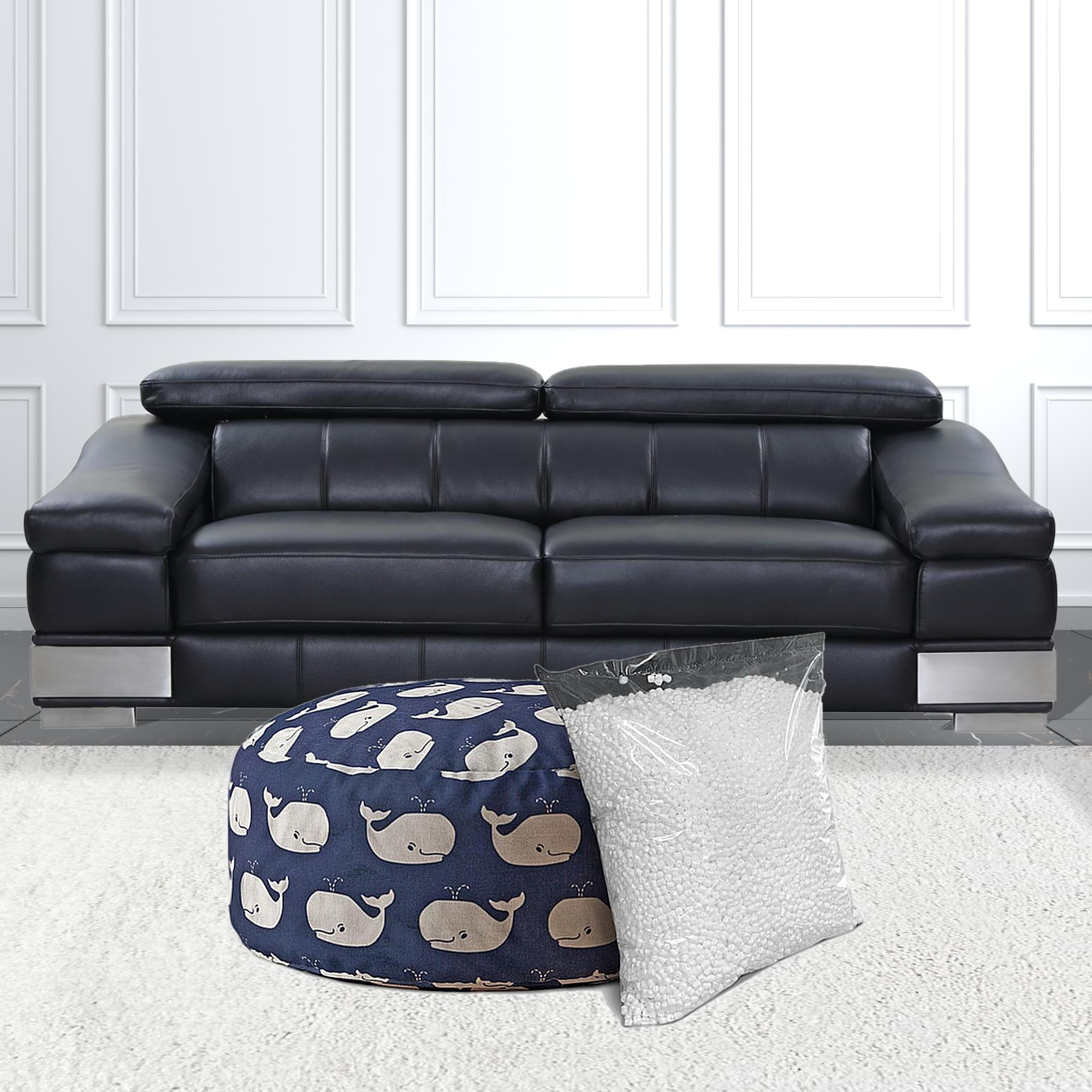 24" Blue And White Twill Round Whale Pouf Ottoman
