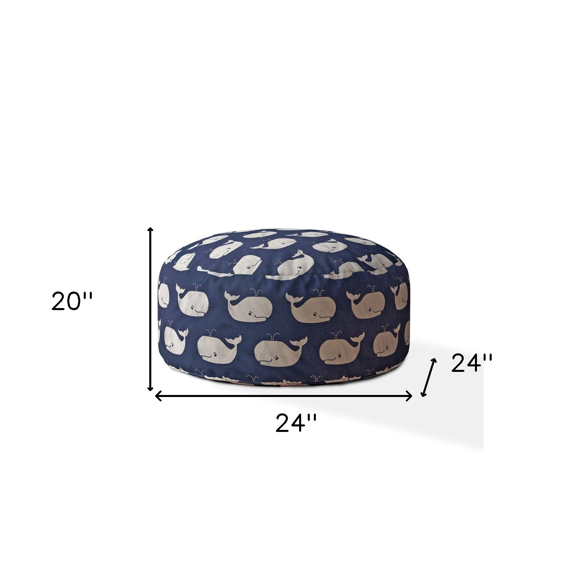 24" Blue And White Twill Round Whale Pouf Ottoman