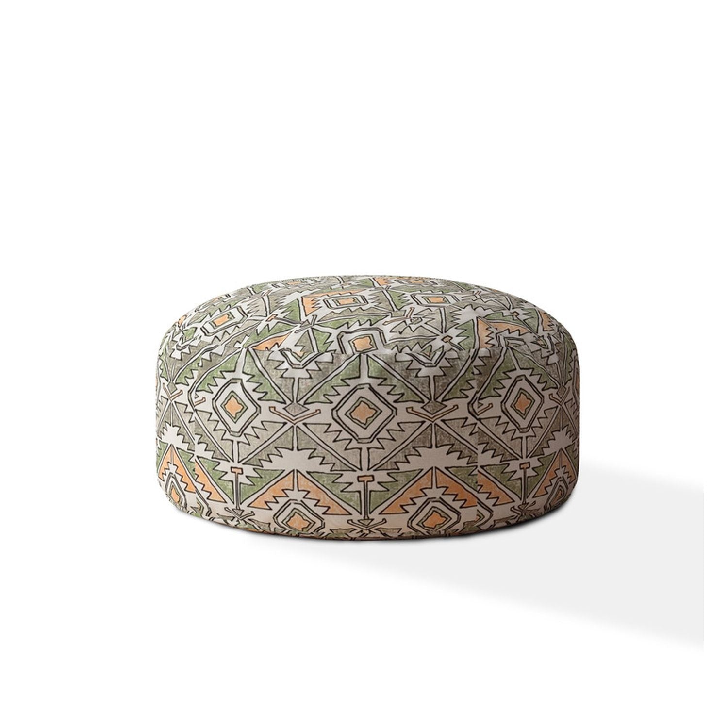 24" Green Cotton Round Damask Pouf Ottoman