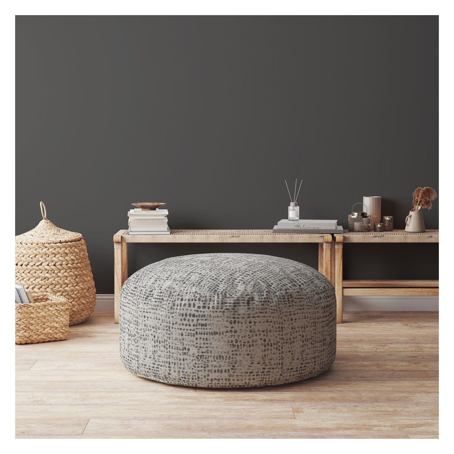 24" Grey And Black Canvas Round Abstract Pouf Ottoman