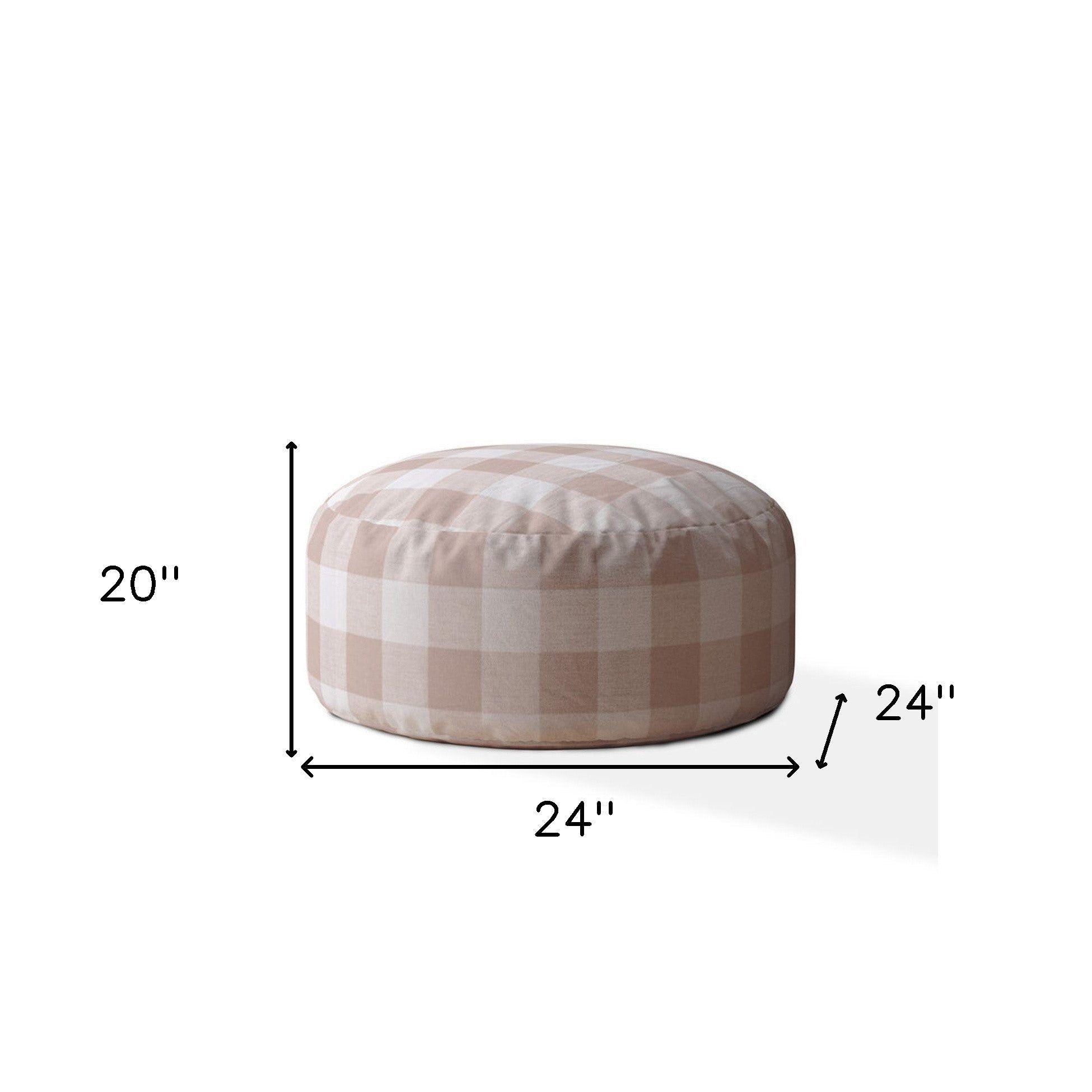 24" Grey And Pink Cotton Round Gingham Pouf Ottoman
