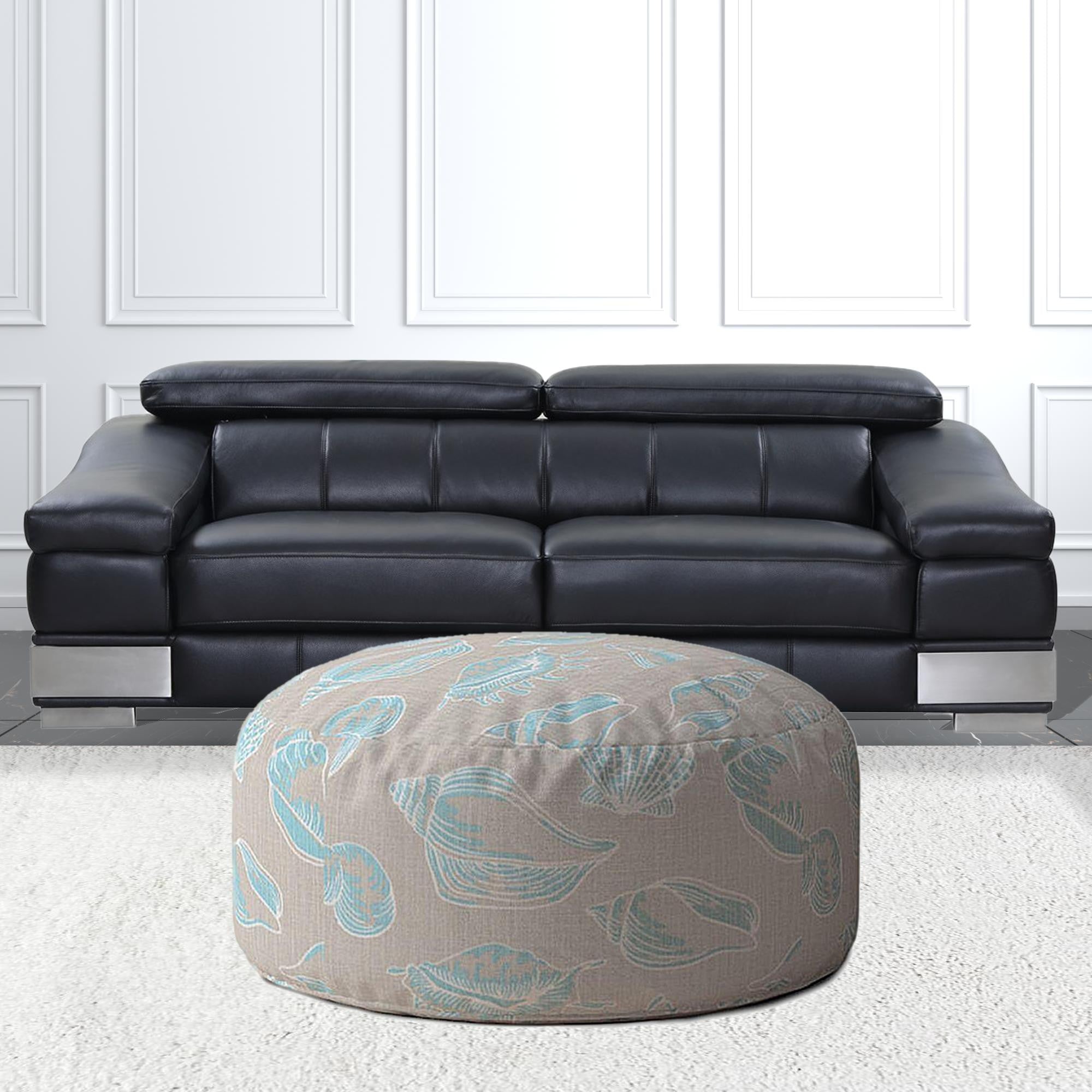 24" Light Blue And Grey Canvas Round Animal Print Pouf Ottoman