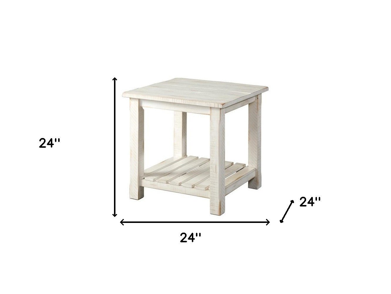 24" Rustic White Solid Wood Square End Table With Shelf
