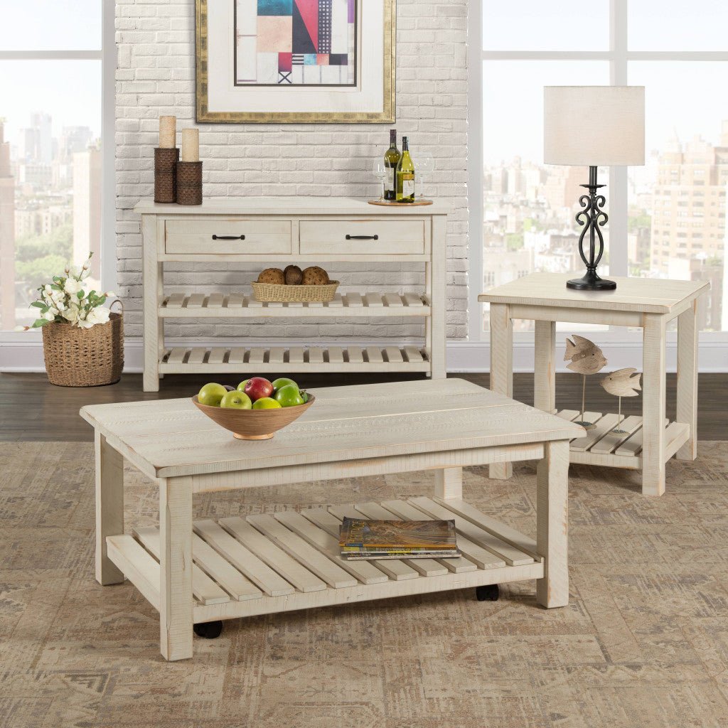 24" Rustic White Solid Wood Square End Table With Shelf