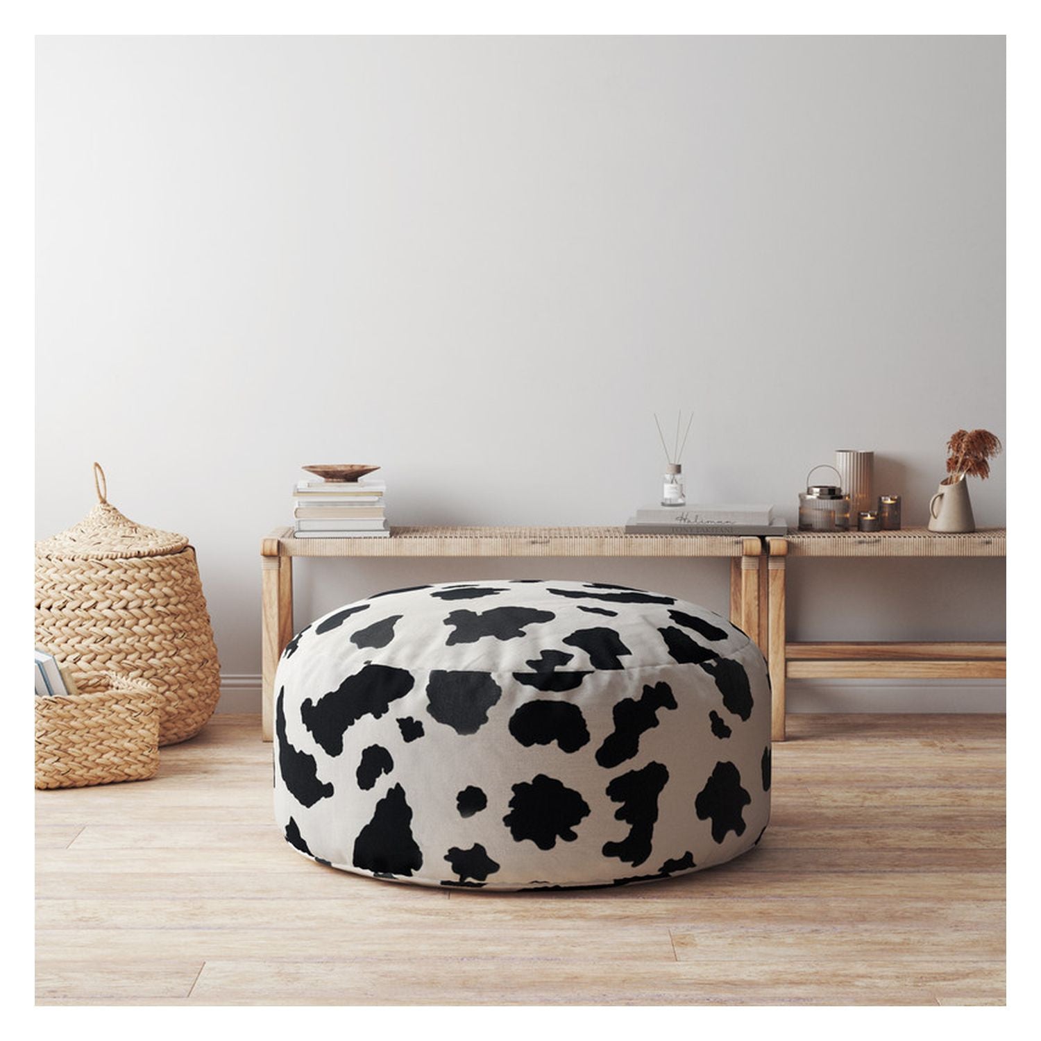 24" White And Black Twill Round Cow Print Pouf Ottoman