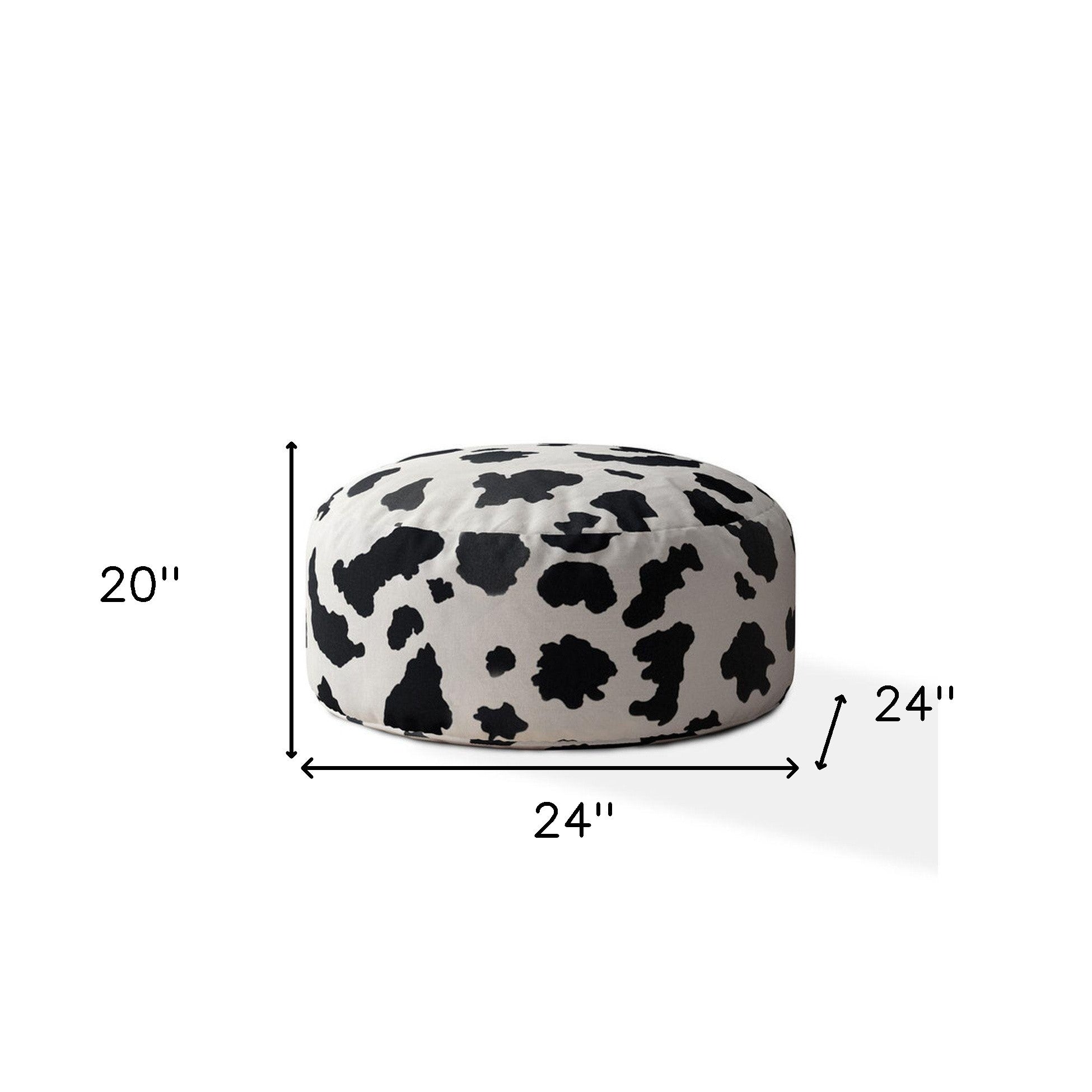 24" White And Black Twill Round Cow Print Pouf Ottoman
