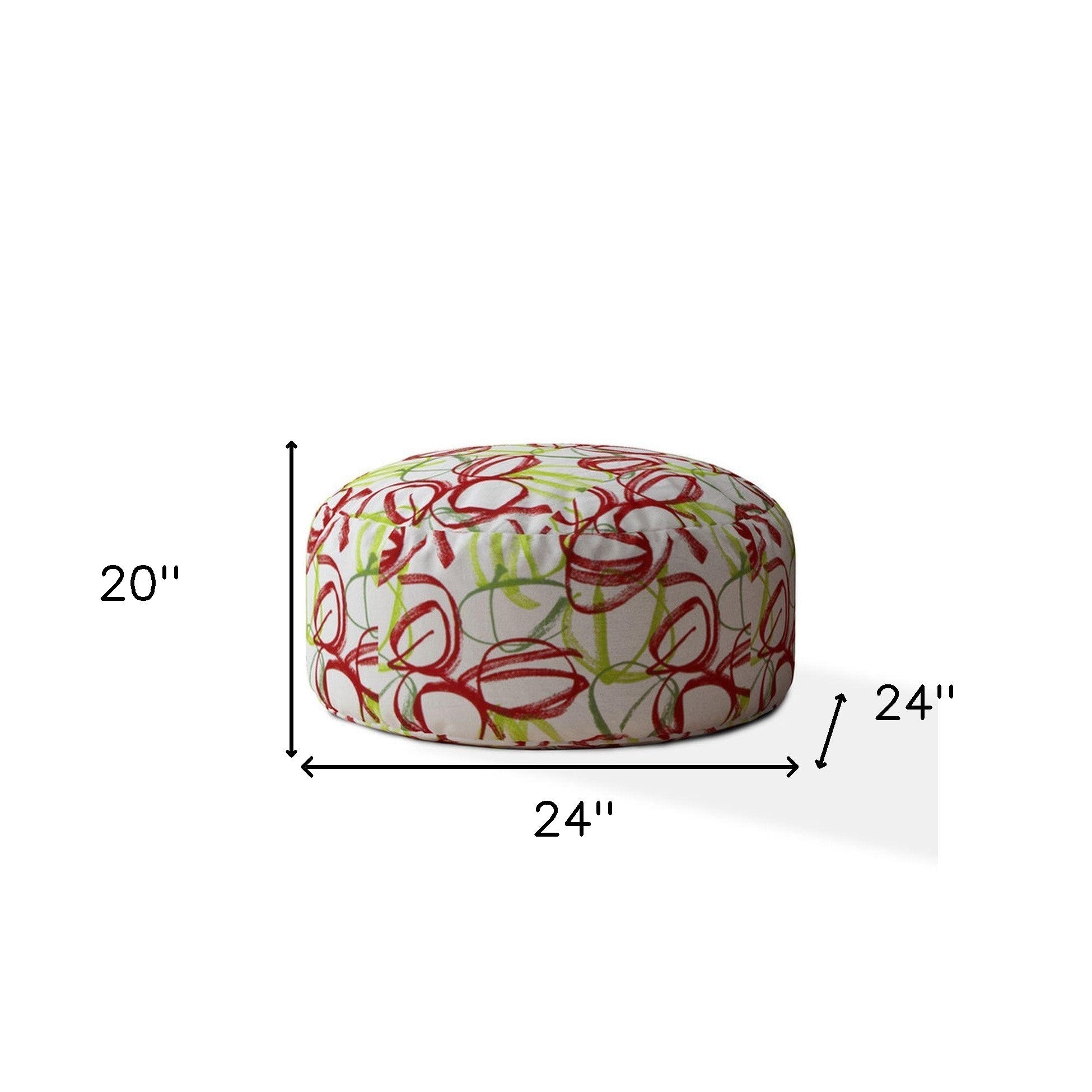 24" White Red And Green Cotton Round Abstract Pouf Ottoman