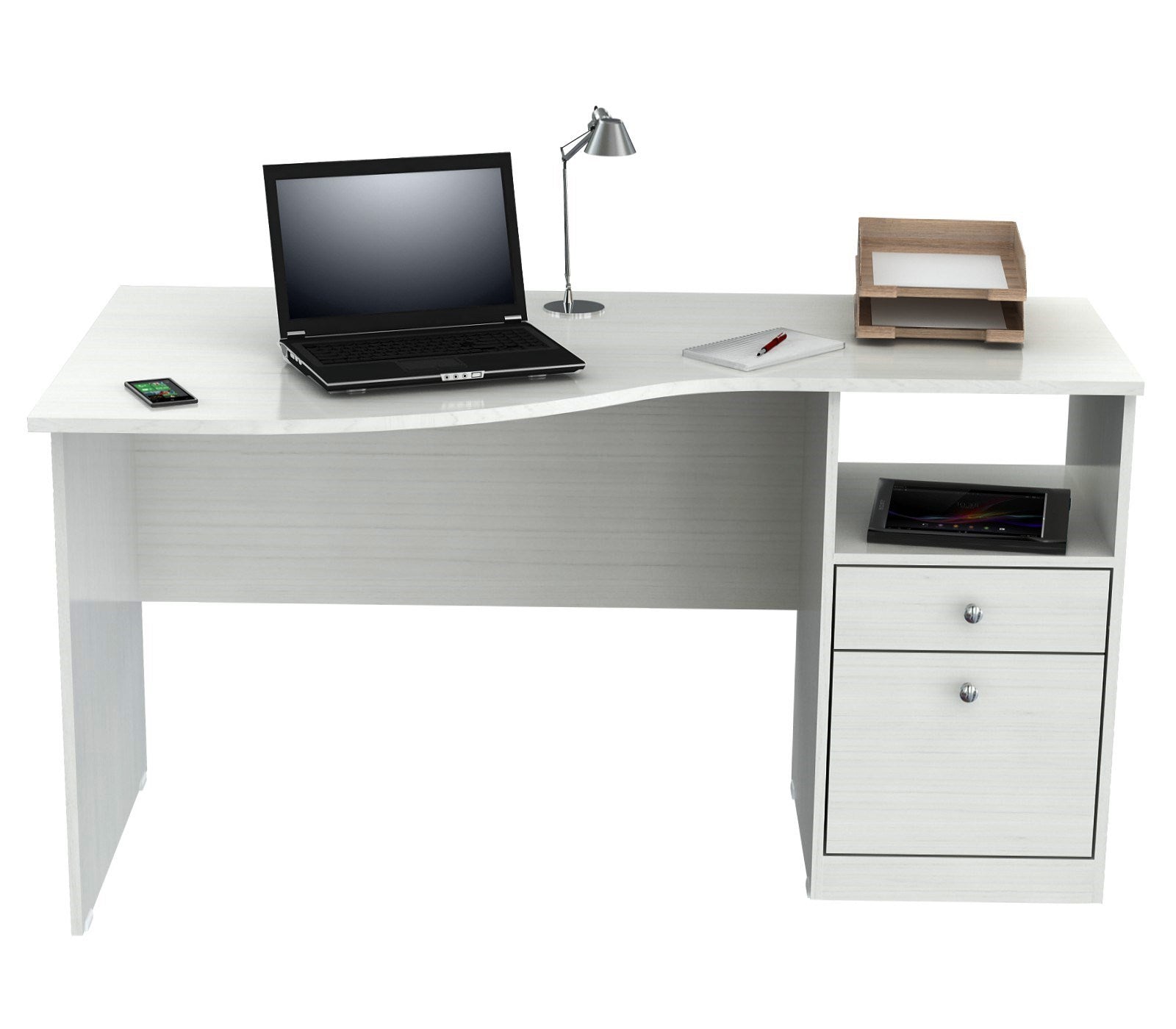 55" White Mirrored Computer Desk With Two Drawers