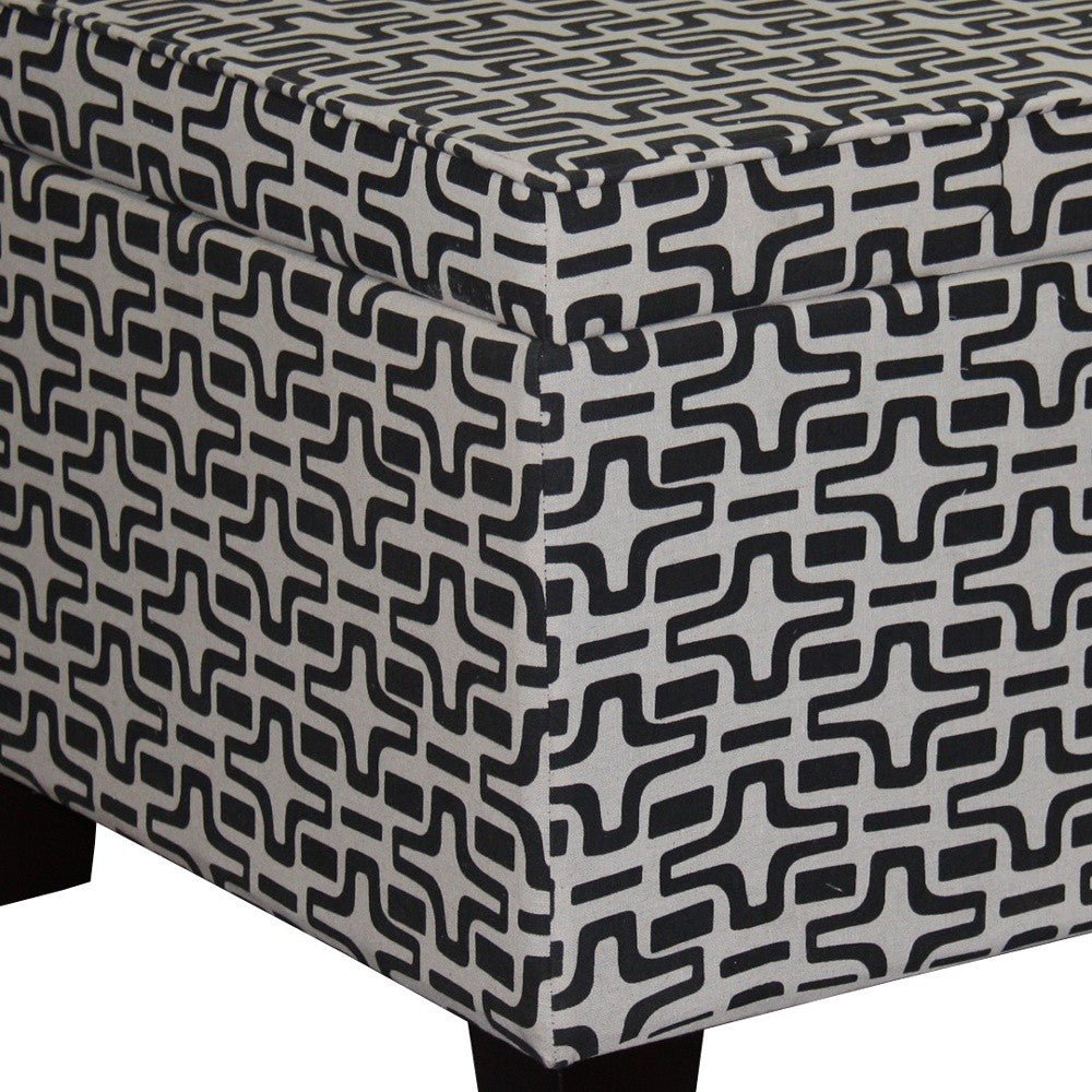 25" Black And White Polyester Blend And Black Geometric Storage Ottoman