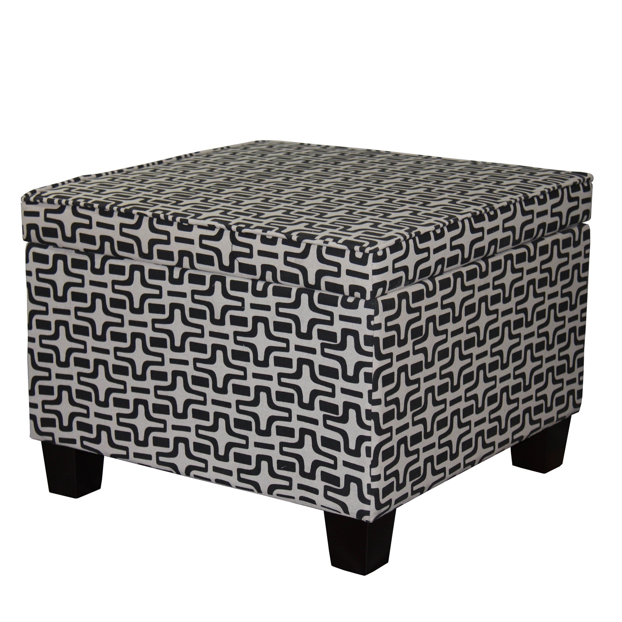 25" Black And White Polyester Blend And Black Geometric Storage Ottoman