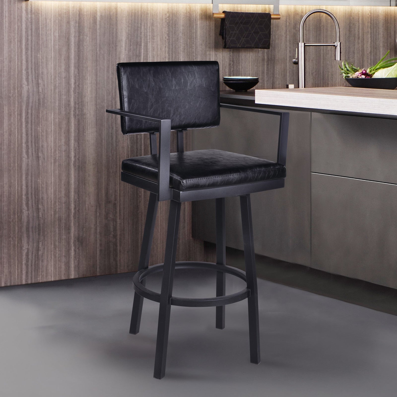 26" Vintage Black on Black Faux Leather Rectangular Swivel Barstool
