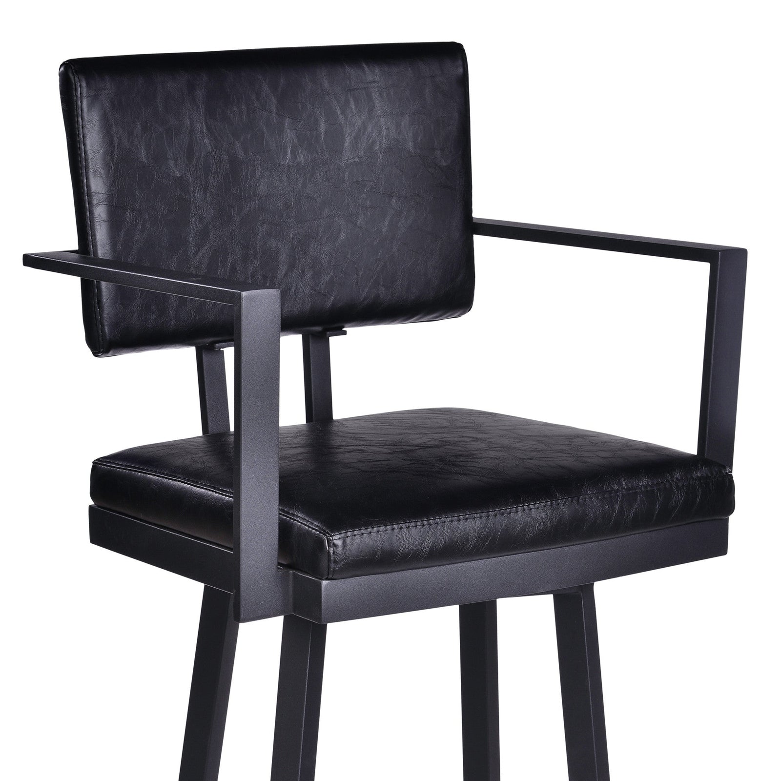 26" Vintage Black on Black Faux Leather Rectangular Swivel Barstool