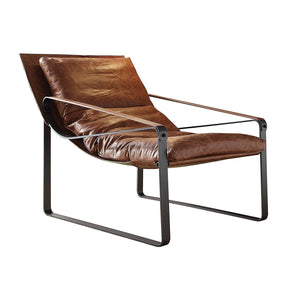 27" Brown Top Grain Leather And Steel Lounge Chair