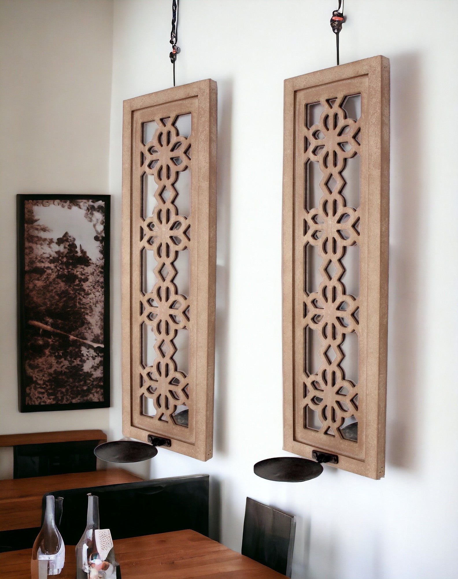 6 X 8.75 X 27.5 Tan Rustic Lattice Mirrors - Candle Holder Sconce Set