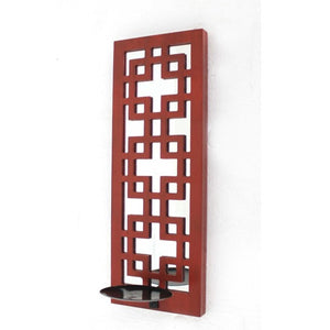 17" X 5" X 6" Red, Vintage Wood, Lattice Mirror - Candle Holder Sconce