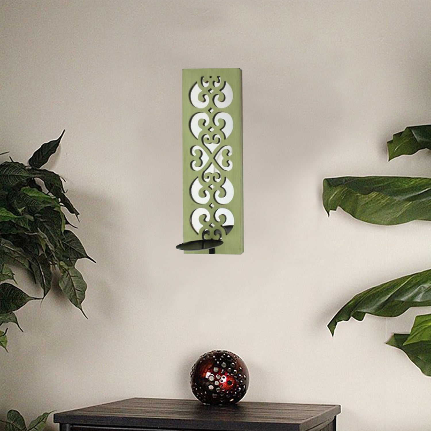 17" X 5" X 6" Verde, Madera, Espejo - Portavelas Sconce