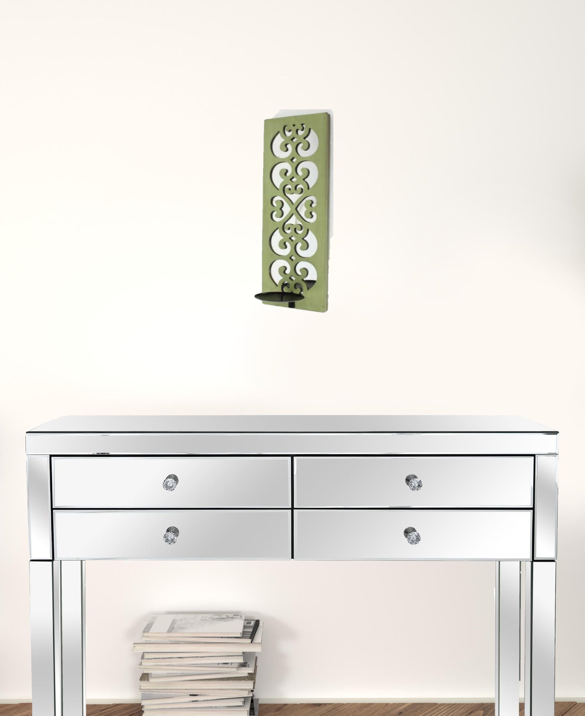 17" X 5" X 6" Verde, Madera, Espejo - Portavelas Sconce