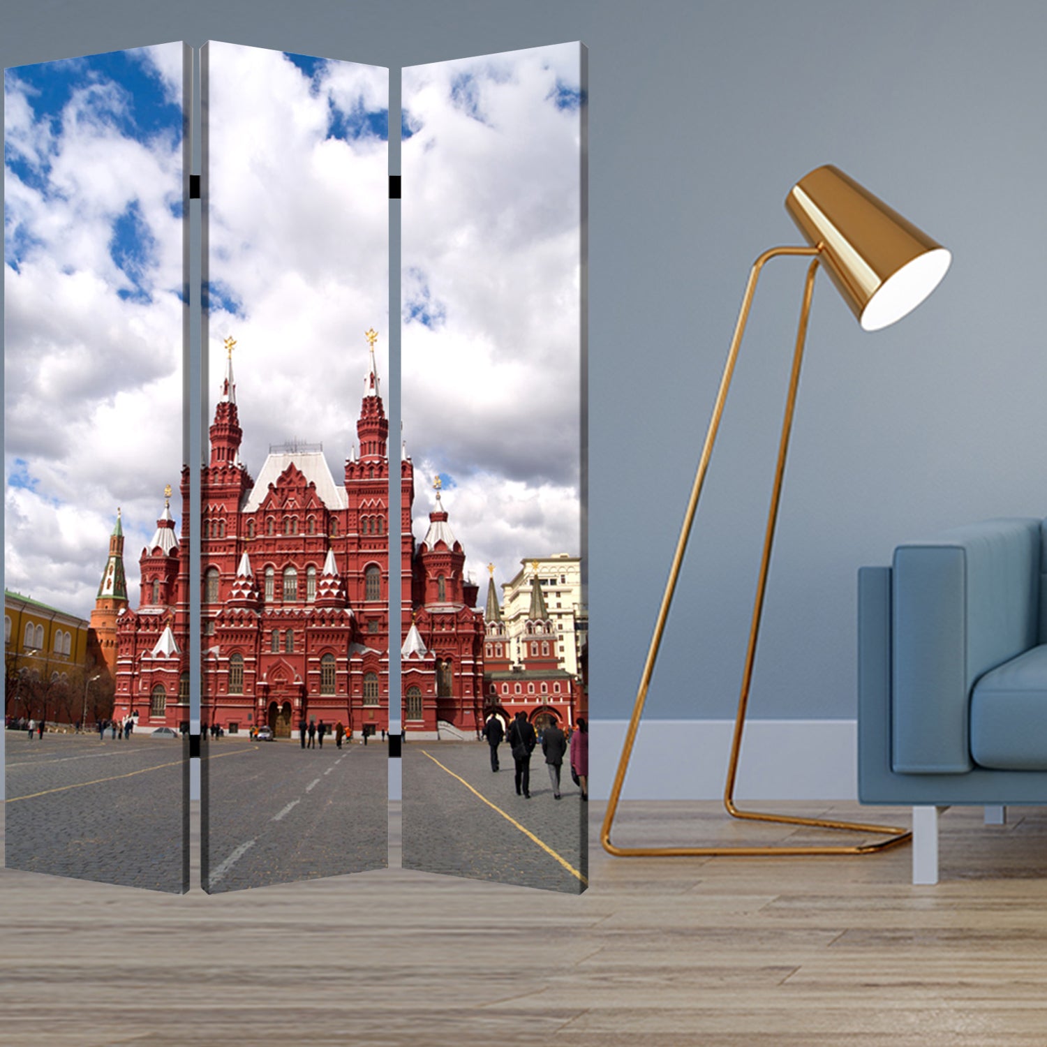 1" X 48" X 72" Multi Color Wood Canvas Russia  Screen