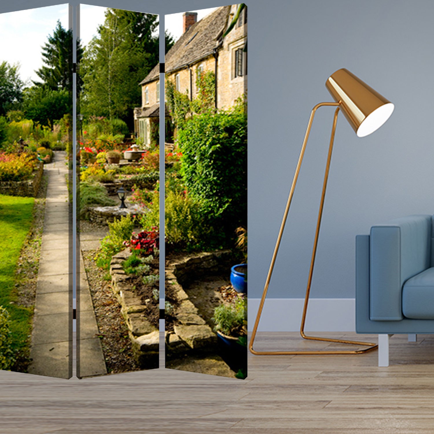 1" X 48" X 72" Multi Color Wood Canvas English Garden  Screen