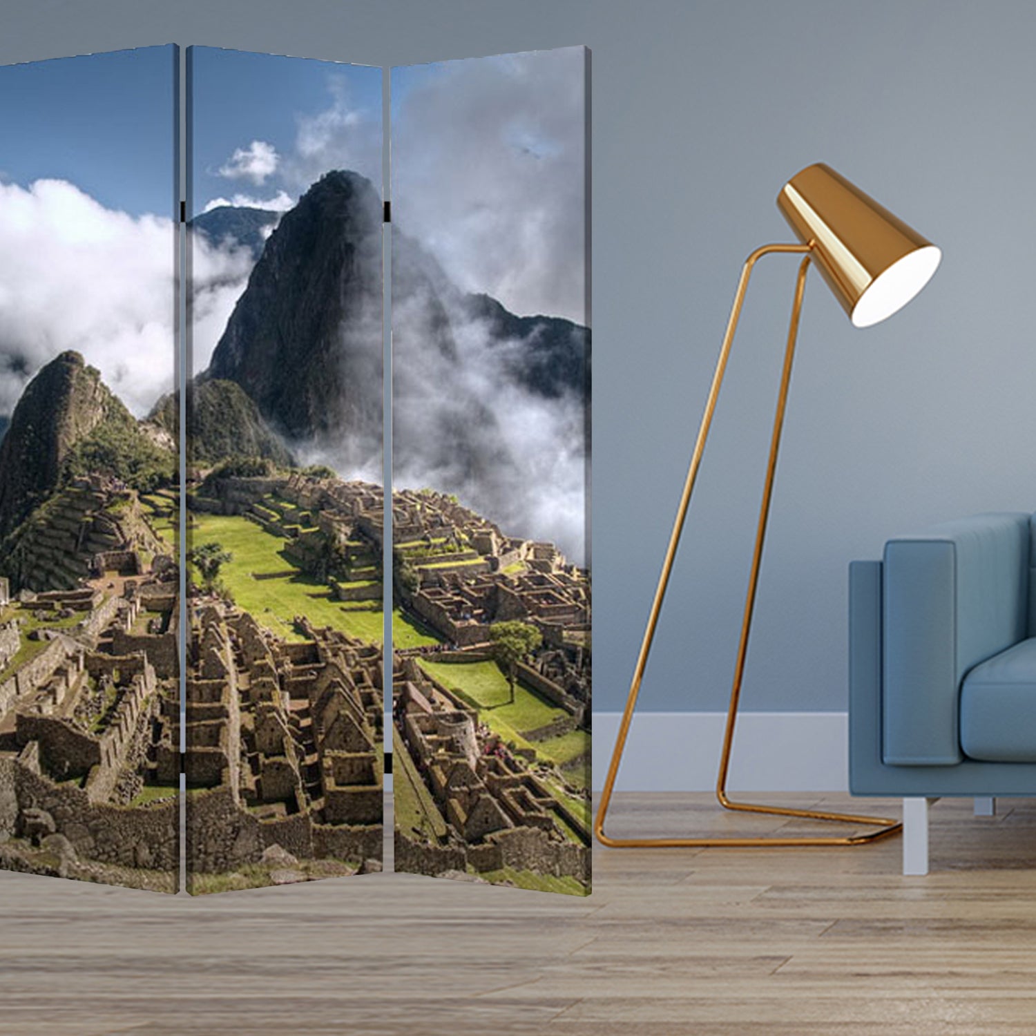 1" X 48" X 72" Multi Color Wood Canvas Machu Picchu  Screen