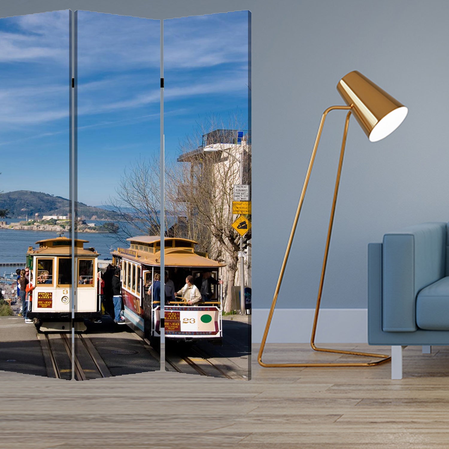 1" X 48" X 72" Multi Color Wood Canvas San Francisco  Screen