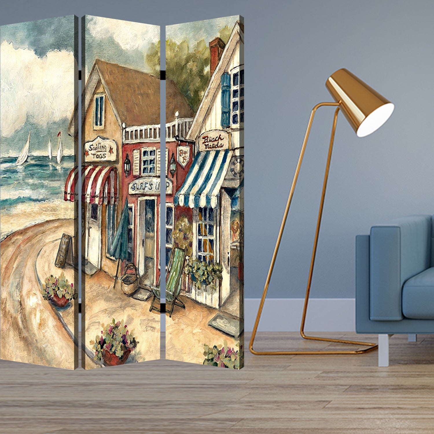1 X 48 X 72 Multi Color Wood Canvas Seaside Town Slate  Screen