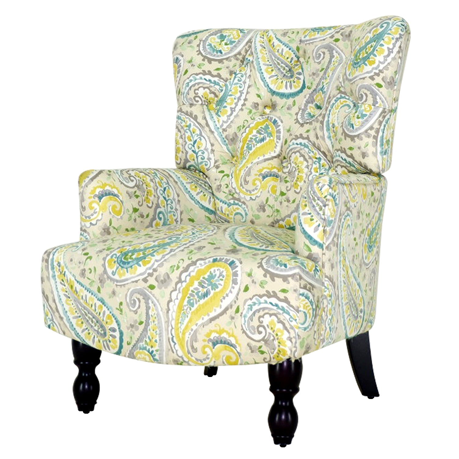28" Aqua Lemongrass And Brown Polyester Blend Paisley Arm Chair