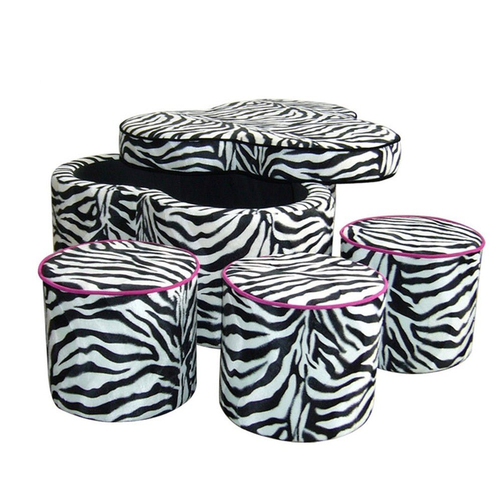 28" Black And White Polyester Blend Specialty Animal Print Storage Ottoman