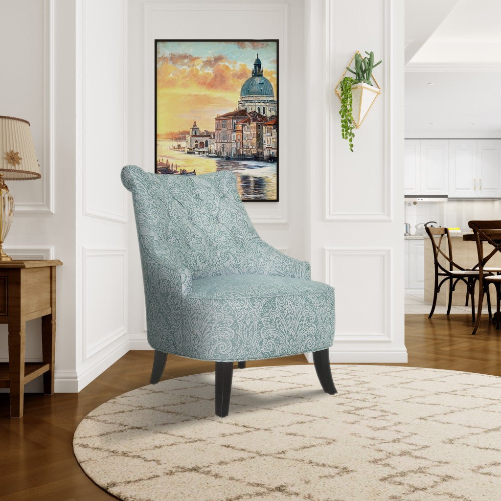 28" Shades Of Aqua And Brown Polyester Blend Damask Wingback Chair