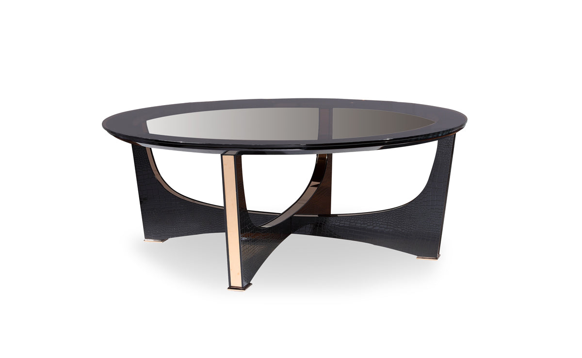Mesa de centro de 18" con texturas de cocodrilo negro y oro rosa y vidrio