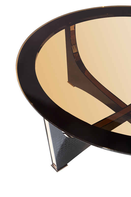 Mesa de centro de 18" con texturas de cocodrilo negro y oro rosa y vidrio