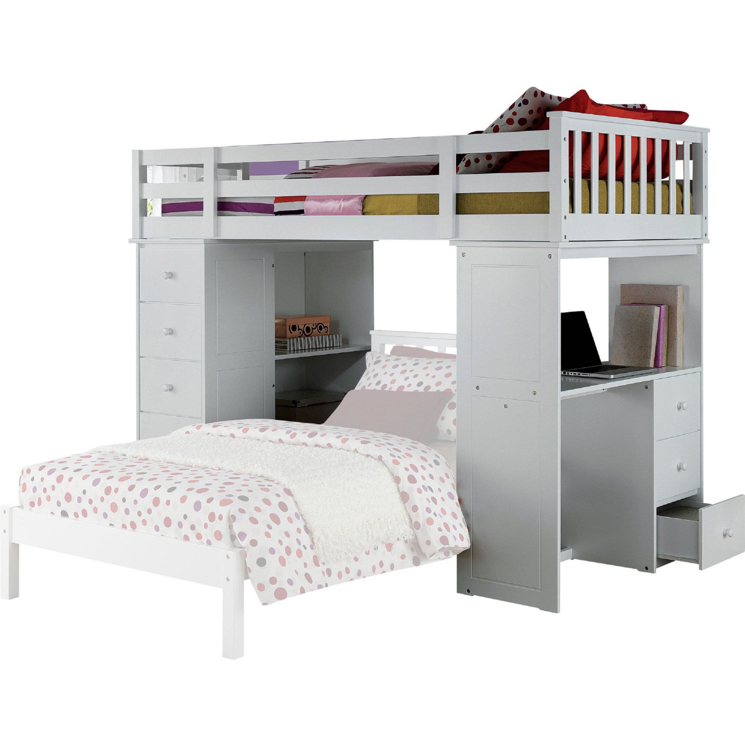 79" X 42" X 66" White Solid Wood Loft Bed And Bookshelf Ladder