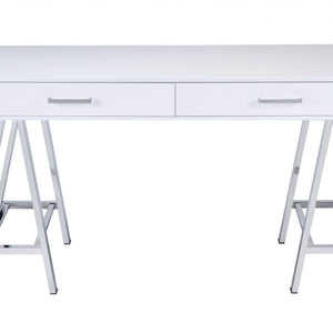 54" White And Silver Writing Desk With Two Drawers