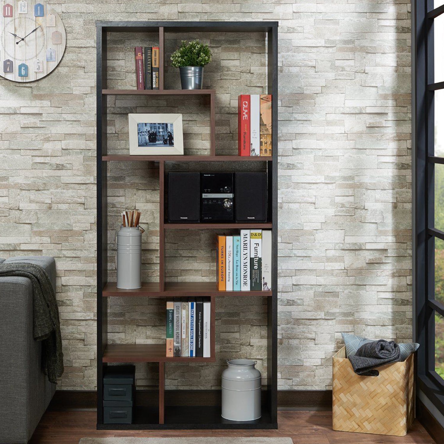 32" X 12" X 71" Black And Walnut Veneer Cube Bookcase