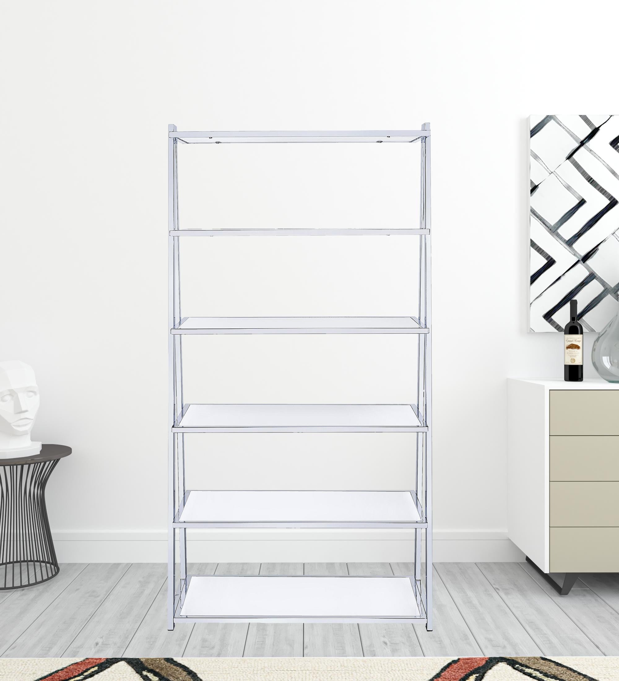 71" White And Silver Metal Five Tier Ladder Bookcase