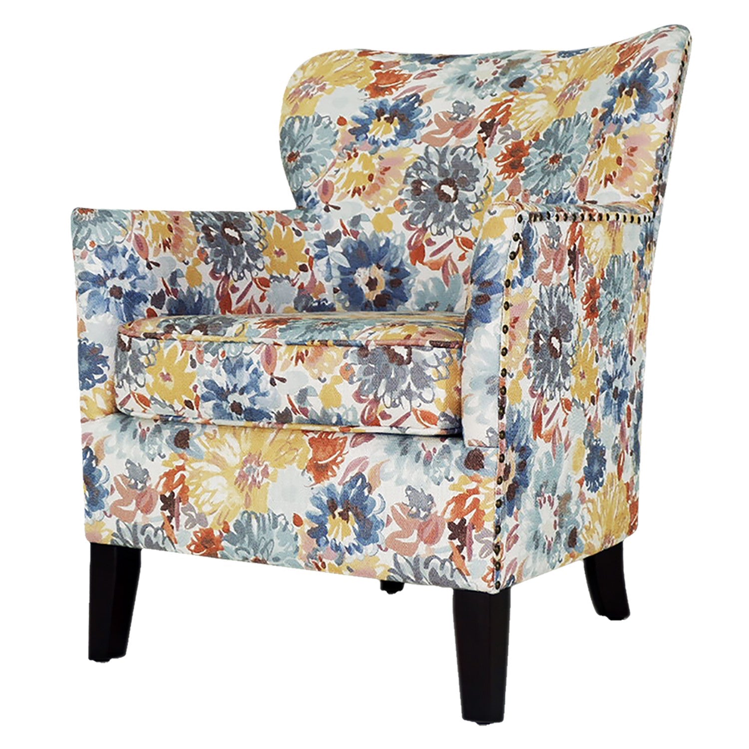 29" Blue Yellow And Brown Polyester Blend Floral Arm Chair